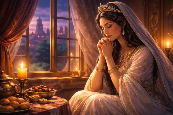 La reina Ester ayunando y rezando antes de su encuentro con el rey Ajashverosh