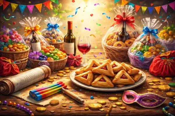 Mesa de Purim con todos sus elementos y decoración festiva