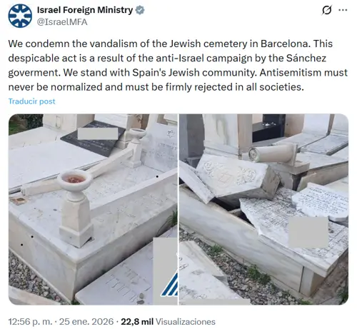 Israel responsabiliza al gobierno de Sánchez por la profanación del cementerio judío de Barcelona 1 Cementerio Barcelona Israel