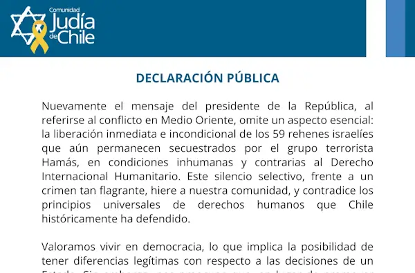 Comunicado de la Comunidad Judía de Chile