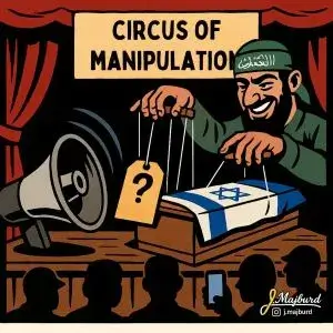 circo de la manipulación, viñeta que expresa la manipulación de Hamás en la entrega de los cuerpos secuestrados desde el 7 de octubre de 2023