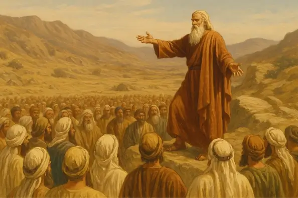 Ilustración sobre la parashat Devarim, Moisés hablándole al pueblo de Israel.