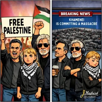 Viñeta sobre los movimientos de izquierda manifestándose por Palestina pero no por Irán