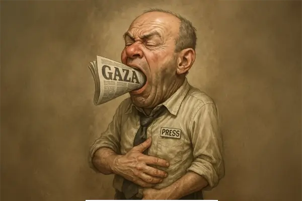 Gaza y la indigestión de la verdad 1 Un periodista tragandose un periódico que dice GAZA, con cara de indigestión y dolor de estómago