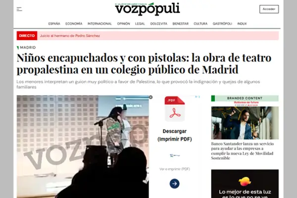 Polémica en Madrid por una obra escolar sobre Gaza con niños encapuchados y armas de juguete