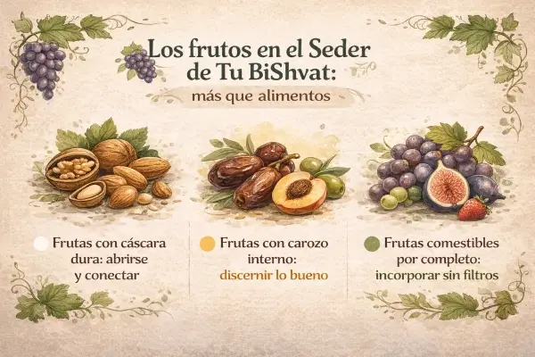 Gráfico ilustrativo de los tres tipos de frutos que se comen en el Seder de Tu BiShvat