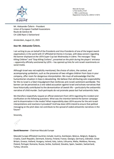 Macabi Europa exige explicaciones a la UEFA por la pancarta propalestina en la Supercopa 1 UEFA Carta Maccabi w