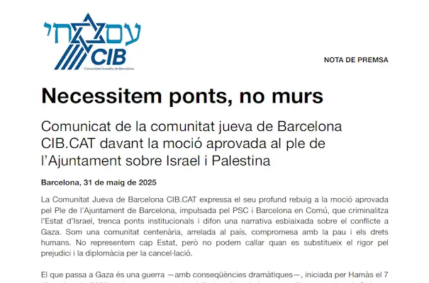 CIB critica al Ayuntamiento de Barcelona y respalda "con firmeza" a Israel 1 cib